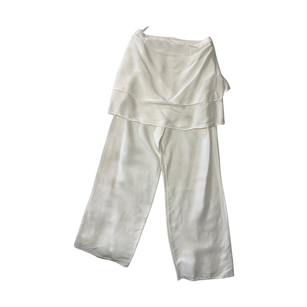Front Row Shop Cream Silk Blend Layered Skirt Overlay Wide Leg Pants EUC Medium